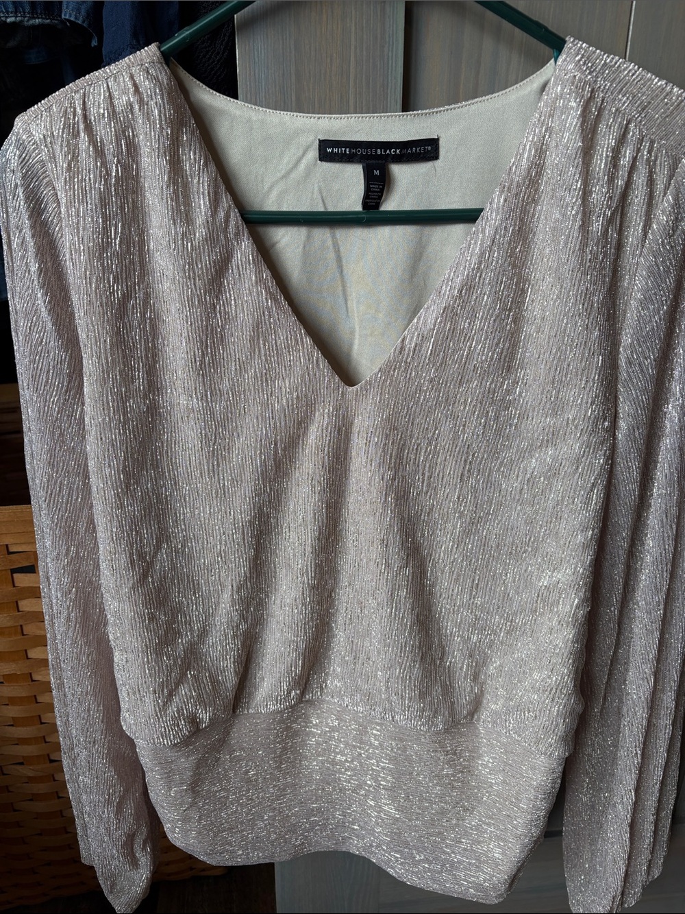 White House Black Market Sparkle V-Neck Blouse in Champagne